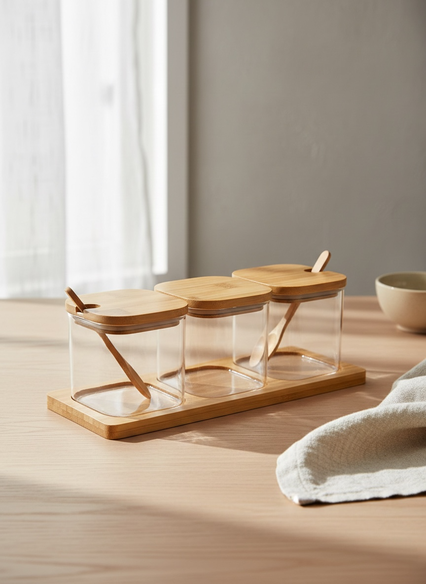 Condimentero Cristal Tapa de Bambú