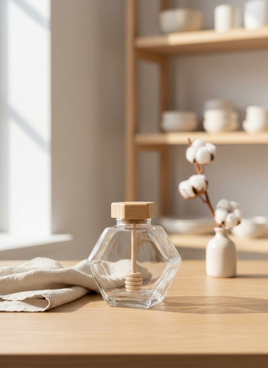 Frasco Cristal Hexagonal con tapa de bambú