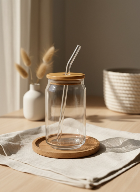 Vaso de Cristal Tapa de bambú