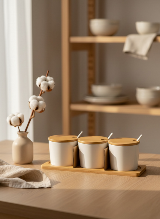 Condimentero Cerámica Tapa de Bambú