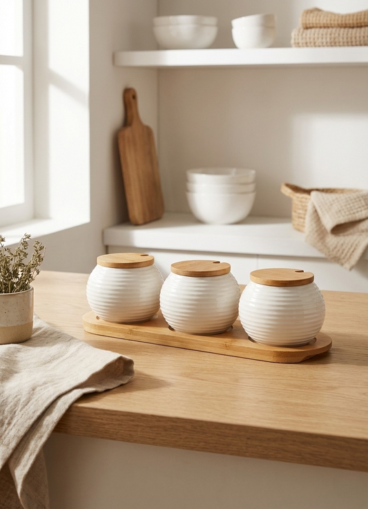 Condimentero Cerámica diseño circular con tapa bambú